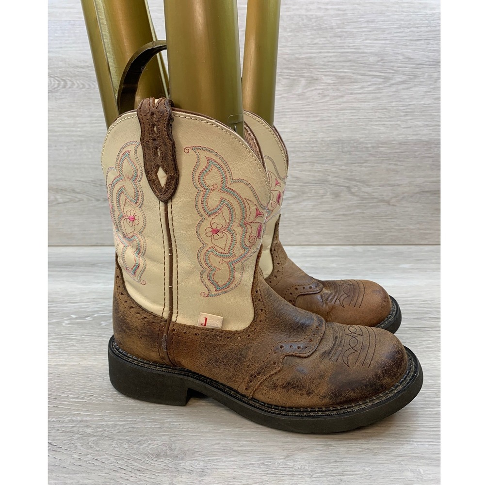 Justin Women's Cowboy Boots 8.5‎ Brown Leather Western Embroidery Tan Rodeo